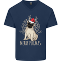 Merry Pugmas Funny Christmas Pug Mens V-Neck Cotton T-Shirt Navy Blue