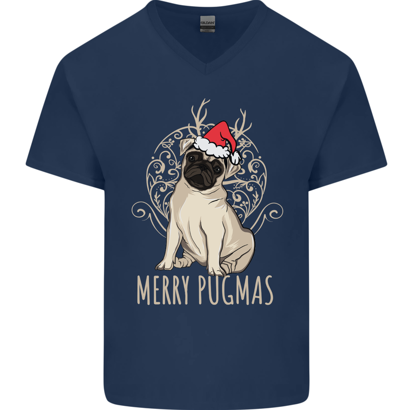 Merry Pugmas Funny Christmas Pug Mens V-Neck Cotton T-Shirt Navy Blue