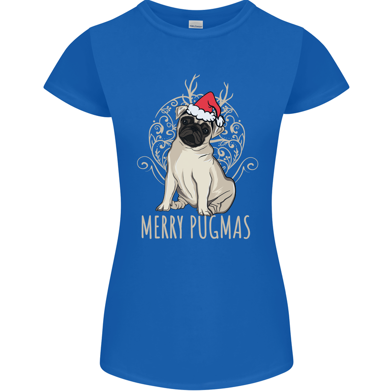 Merry Pugmas Funny Christmas Pug Womens Petite Cut T-Shirt Royal Blue