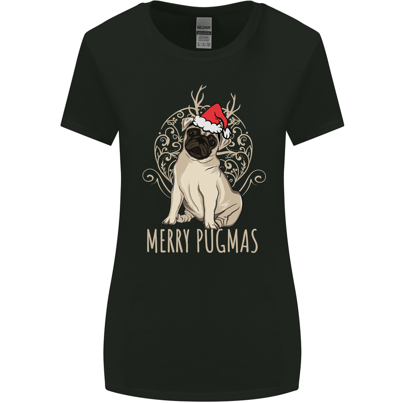 Merry Pugmas Funny Christmas Pug Womens Wider Cut T-Shirt Black