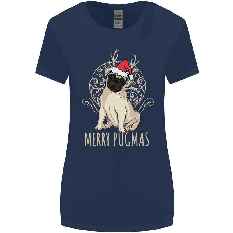 Merry Pugmas Funny Christmas Pug Womens Wider Cut T-Shirt Navy Blue