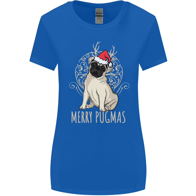 Merry Pugmas Funny Christmas Pug Womens Wider Cut T-Shirt Royal Blue