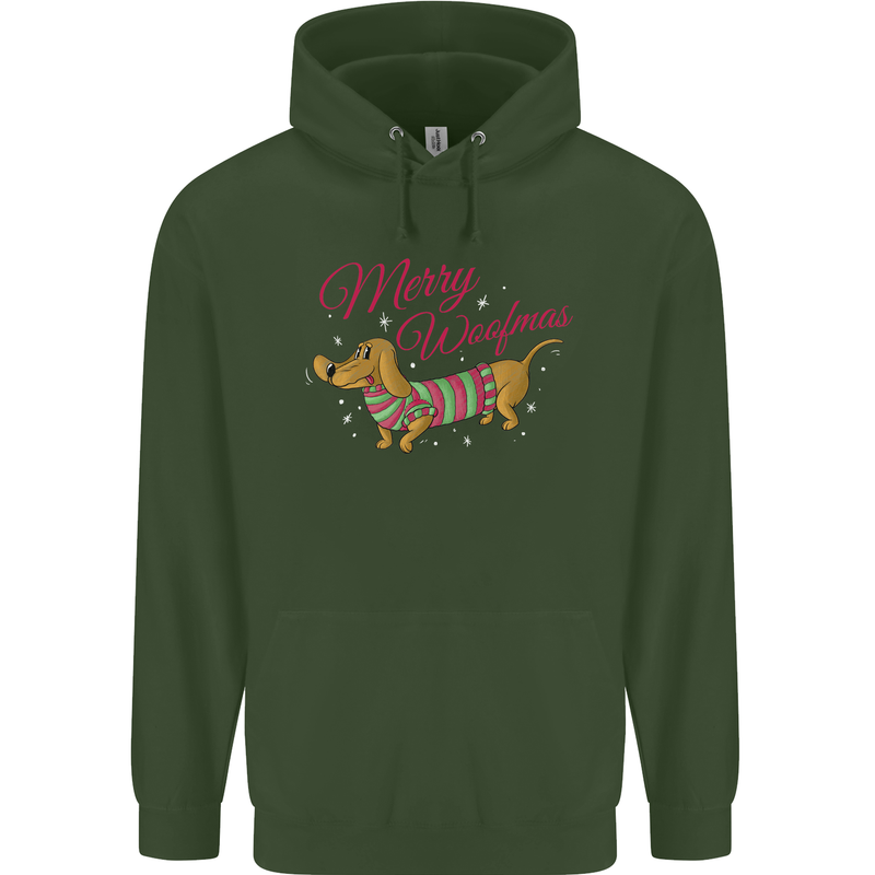 Merry Wiener Funny Christmas Dog Childrens Kids Hoodie Forest Green