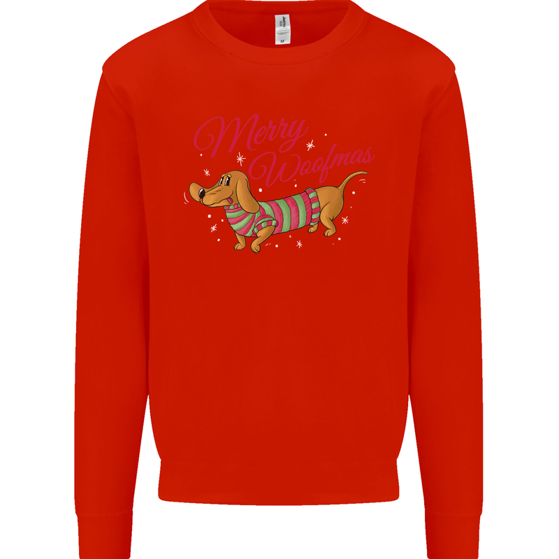 Merry Wiener Funny Christmas Dog Kids Sweatshirt Jumper Bright Red