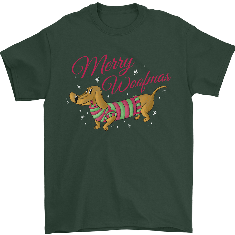 Merry Wiener Funny Christmas Dog Mens T-Shirt 100% Cotton Forest Green
