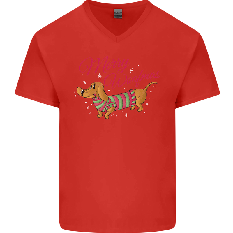 Merry Wiener Funny Christmas Dog Mens V-Neck Cotton T-Shirt Red