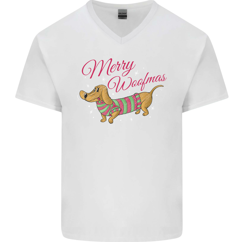 Merry Wiener Funny Christmas Dog Mens V-Neck Cotton T-Shirt White