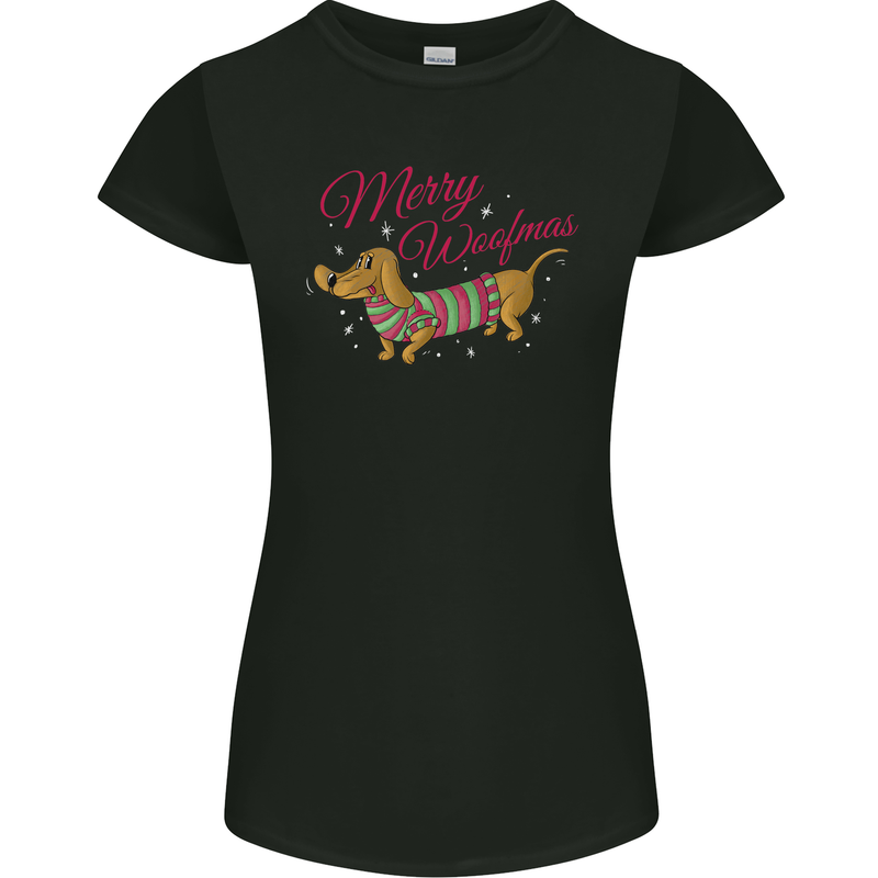 Merry Wiener Funny Christmas Dog Womens Petite Cut T-Shirt Black