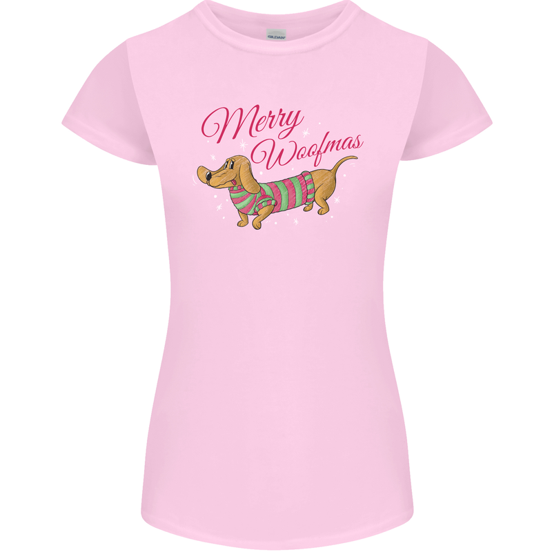 Merry Wiener Funny Christmas Dog Womens Petite Cut T-Shirt Light Pink