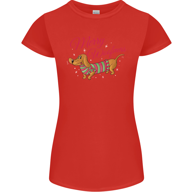 Merry Wiener Funny Christmas Dog Womens Petite Cut T-Shirt Red