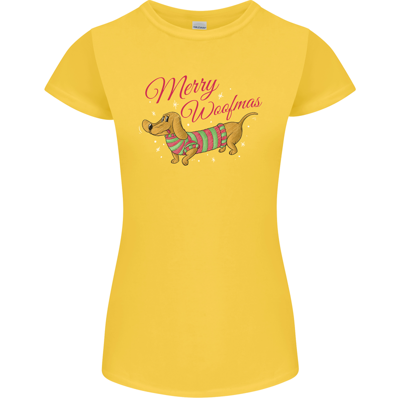 Merry Wiener Funny Christmas Dog Womens Petite Cut T-Shirt Yellow