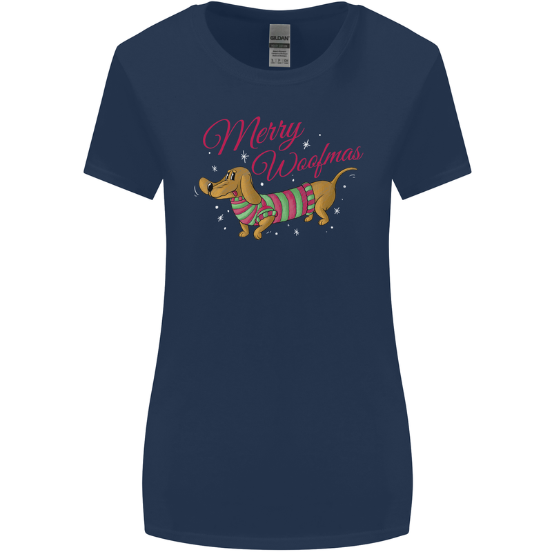 Merry Wiener Funny Christmas Dog Womens Wider Cut T-Shirt Navy Blue