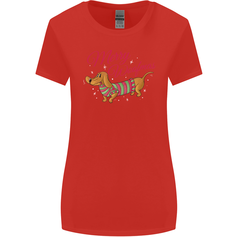 Merry Wiener Funny Christmas Dog Womens Wider Cut T-Shirt Red