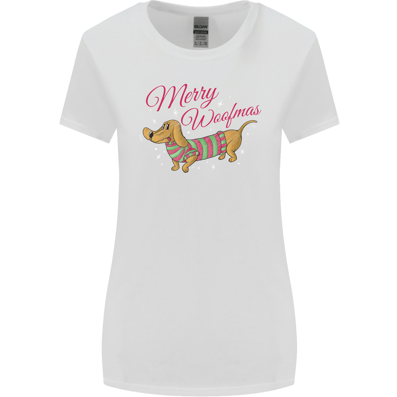 Merry Wiener Funny Christmas Dog Womens Wider Cut T-Shirt White