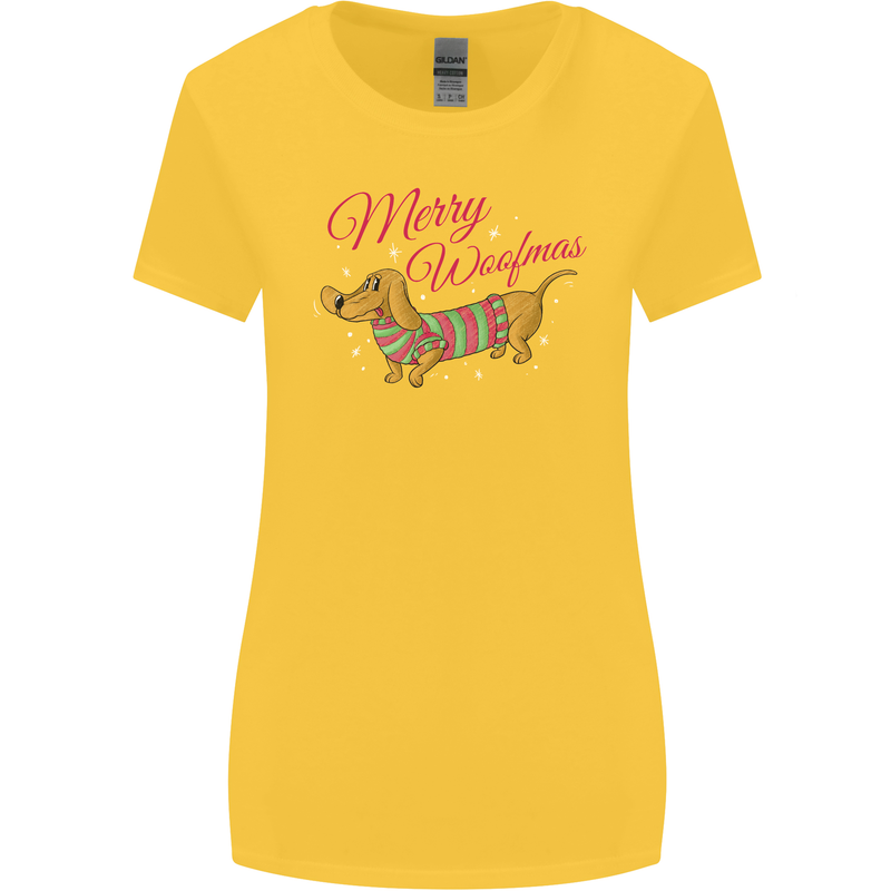 Merry Wiener Funny Christmas Dog Womens Wider Cut T-Shirt Yellow