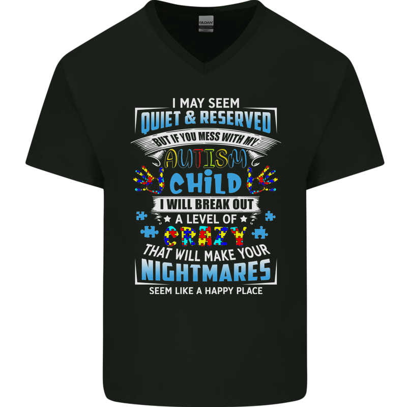Mess With My Autism Child Autistic ASD Mens V-Neck Cotton T-Shirt Black