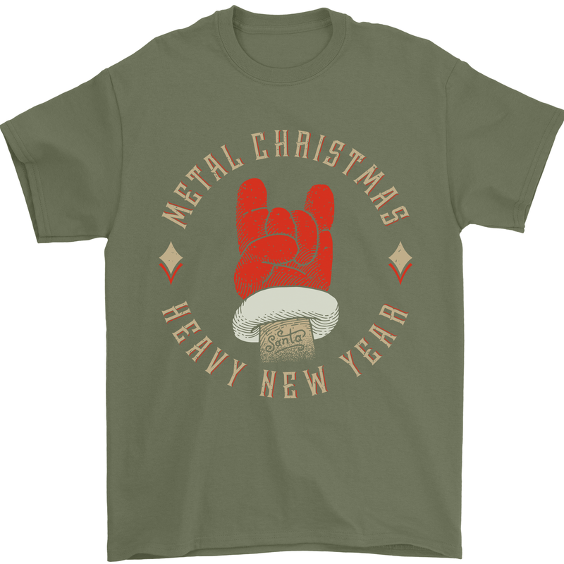 Metal Christmas Heavy Rock Music Guitar Mens T-Shirt Cotton Gildan Military Green
