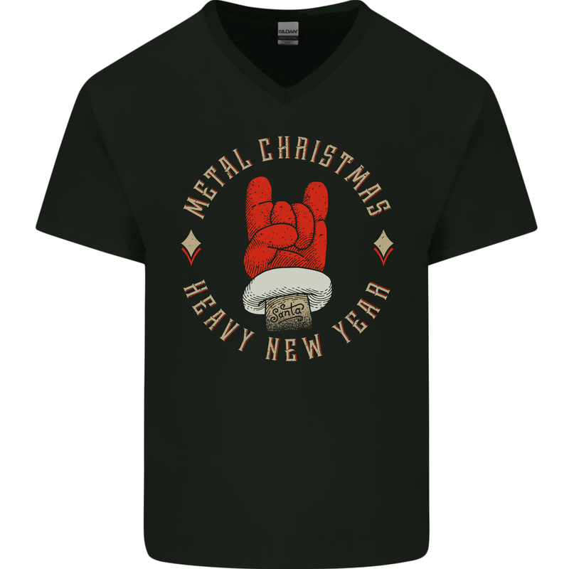 Metal Christmas Heavy Rock Music Guitar Mens V-Neck Cotton T-Shirt Black