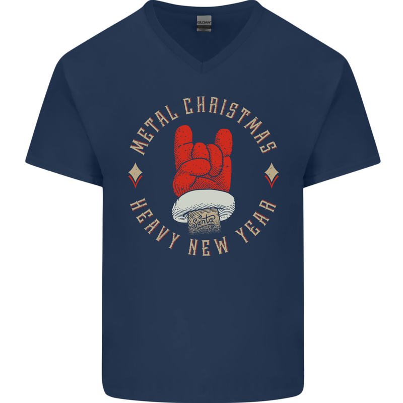 Metal Christmas Heavy Rock Music Guitar Mens V-Neck Cotton T-Shirt Navy Blue