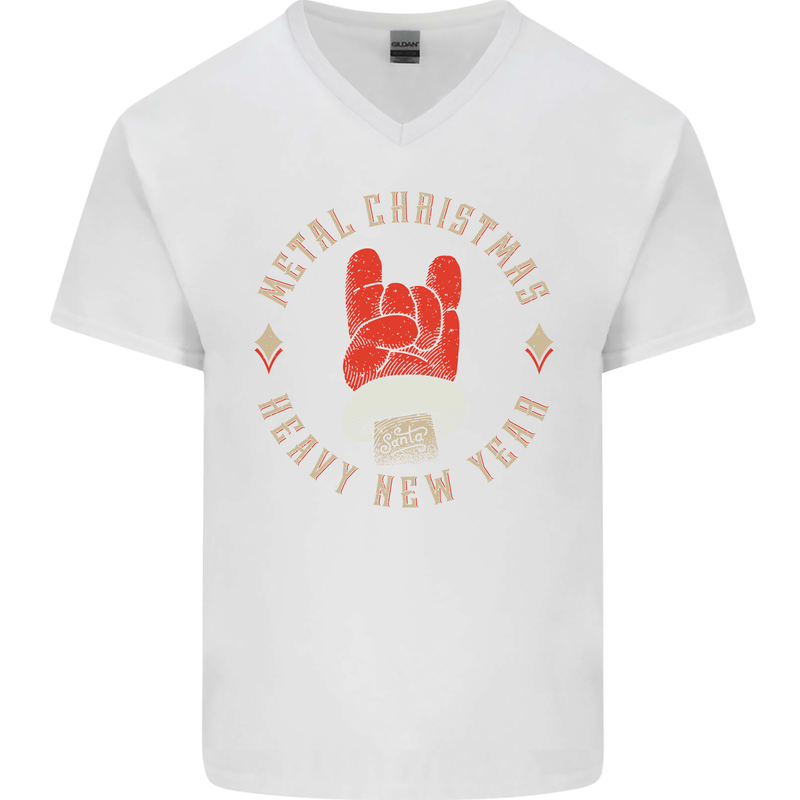 Metal Christmas Heavy Rock Music Guitar Mens V-Neck Cotton T-Shirt White