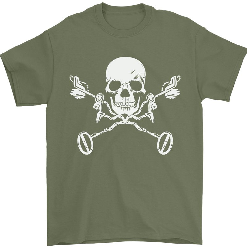 Metal Detector Skull Detecting Mens T-Shirt 100% Cotton Military Green