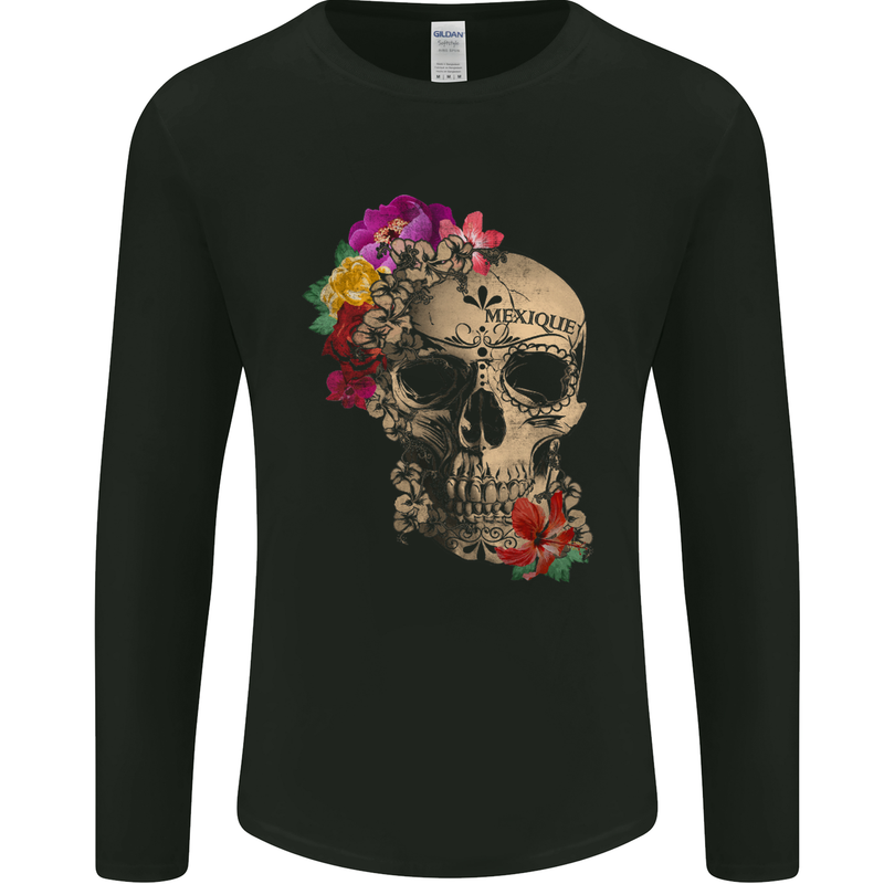Mexique Sugar Skull Day of the Dead DOTD Mens Long Sleeve T-Shirt Black