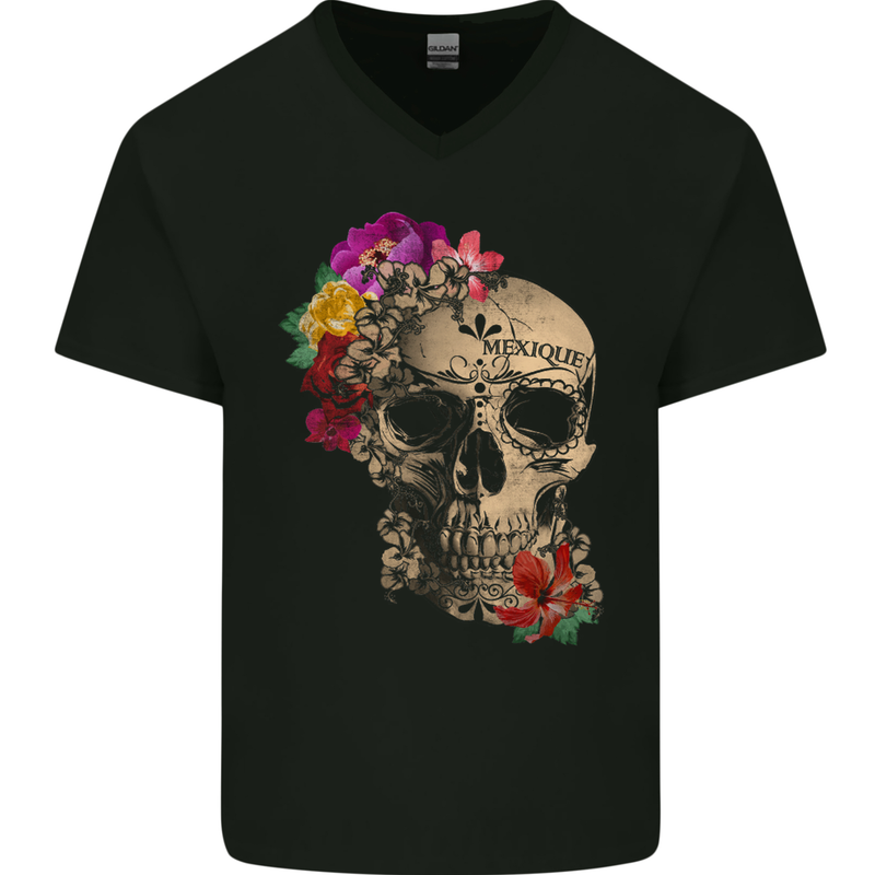 Mexique Sugar Skull Day of the Dead DOTD Mens V-Neck Cotton T-Shirt Black