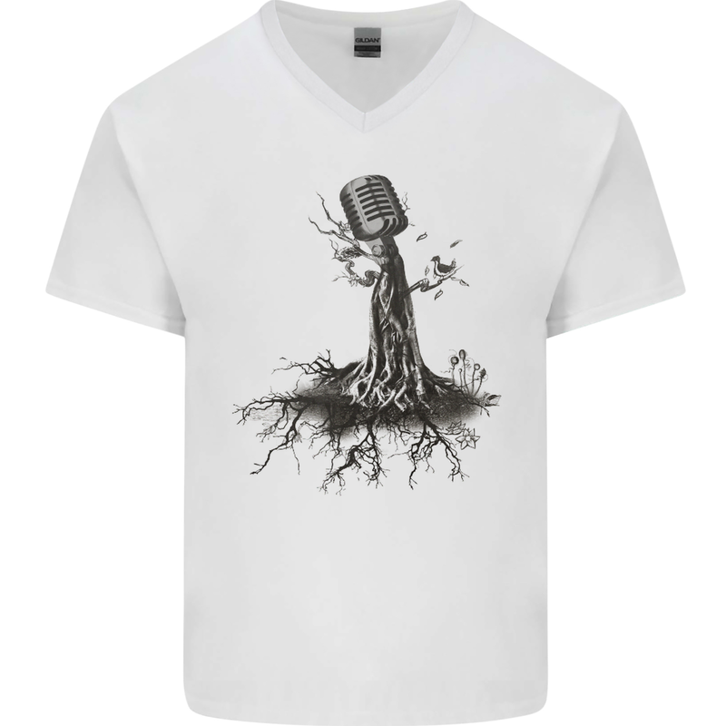 Microphone Tree Music Singing Singer Mens V-Neck Cotton T-Shirt White