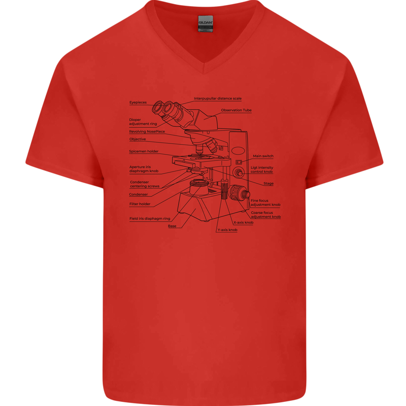 Microscope Biology Science Mens V-Neck Cotton T-Shirt Red