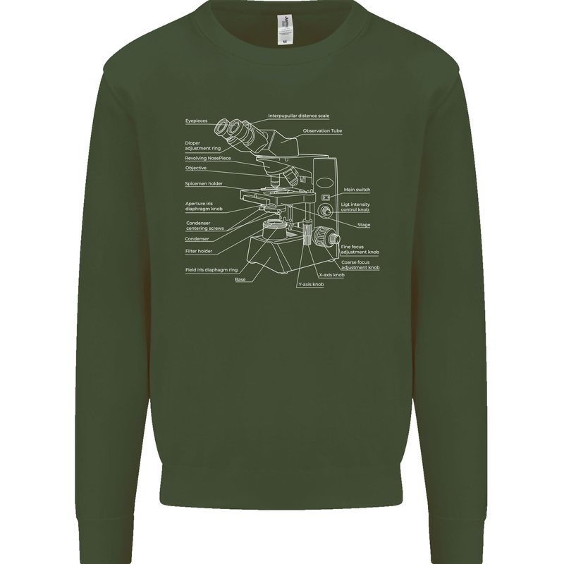 Microscope Science Biology Kids Sweatshirt Jumper Forest Green