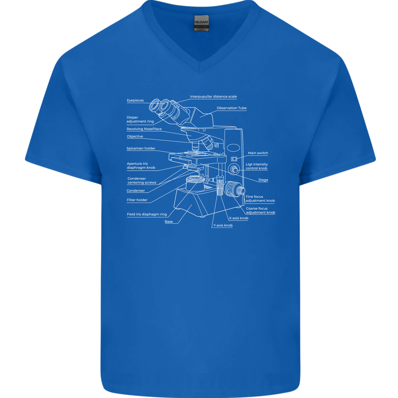 Microscope Science Biology Mens V-Neck Cotton T-Shirt Royal Blue