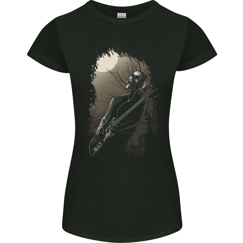 Midnight Rock n Roll Music Skull Guitar Womens Petite Cut T-Shirt Black
