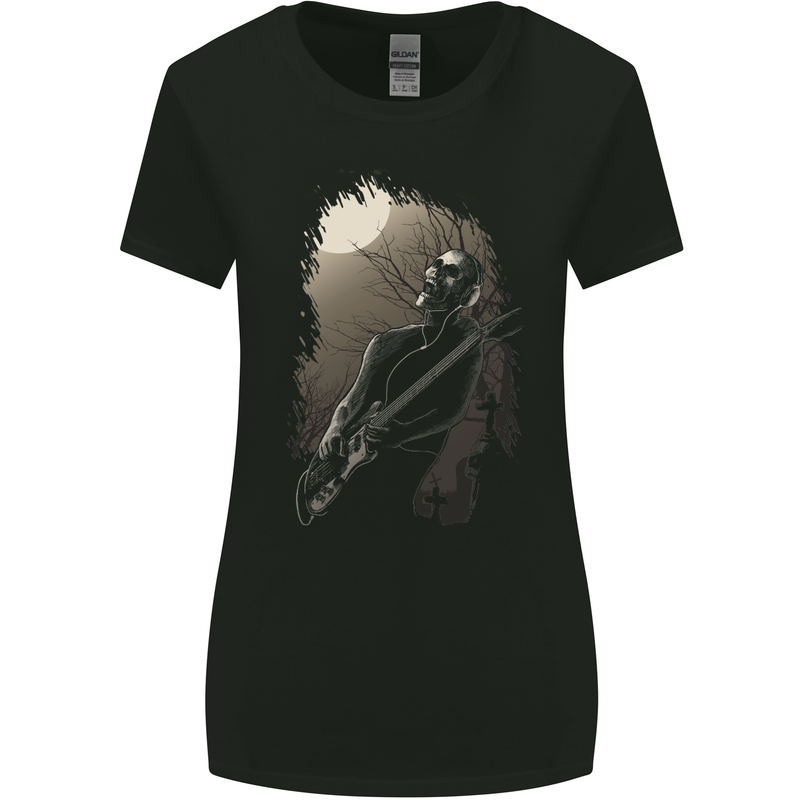 Midnight Rock n Roll Music Skull Guitar Womens Wider Cut T-Shirt Black