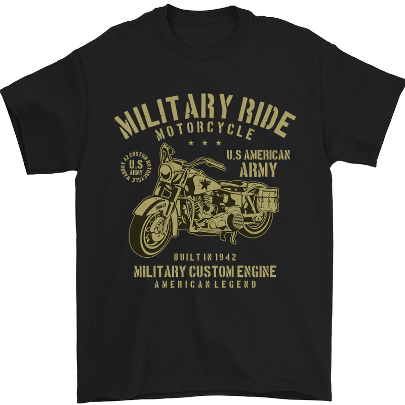 Military Motorcycle Army Motorbike Biker Mens T-Shirt Cotton Gildan Black