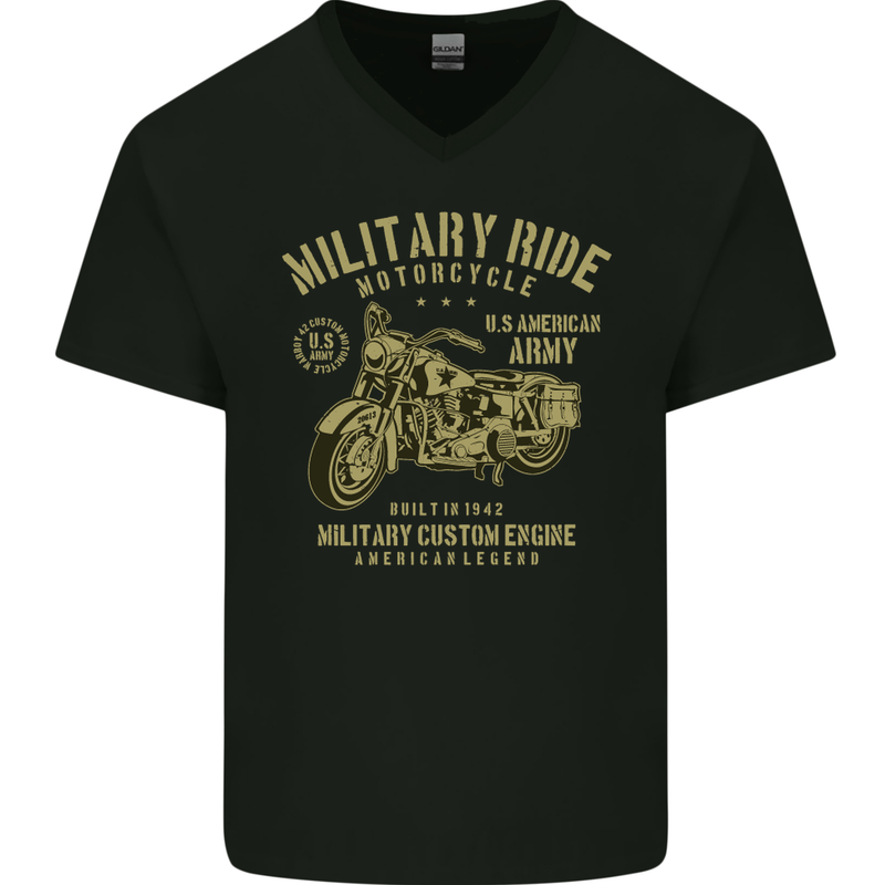 Military Motorcycle Army Motorbike Biker Mens V-Neck Cotton T-Shirt Black