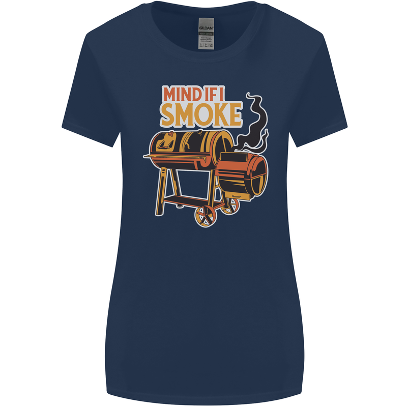 Mind if I Smoke Funny BBQ Grill Womens Wider Cut T-Shirt Navy Blue