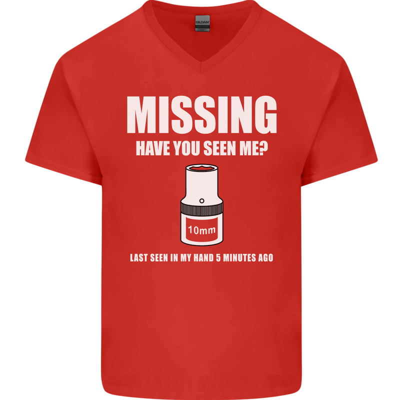 Missing 10 mm Socket Funny Plumer Mechanic Mens V-Neck Cotton T-Shirt Red