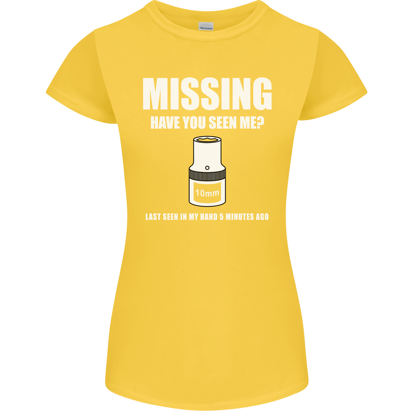 Missing 10 mm Socket Funny Plumer Mechanic Womens Petite Cut T-Shirt Yellow