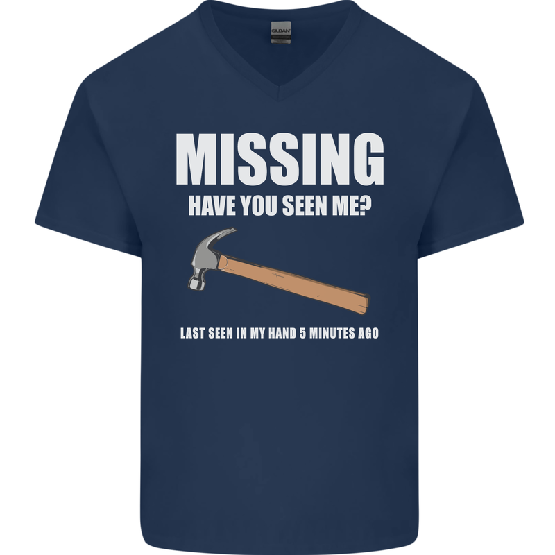 Missing Hammer Funny Carpenter DIY Builder Mens V-Neck Cotton T-Shirt Navy Blue
