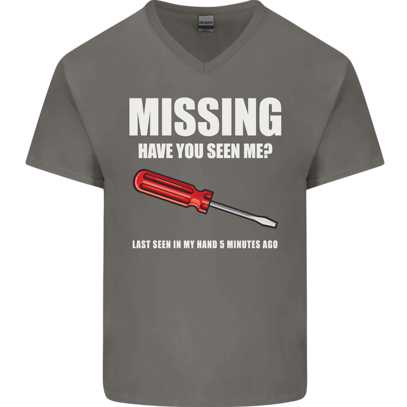 Missing Screwdriver Funny Carpenter DIY Mens V-Neck Cotton T-Shirt Charcoal