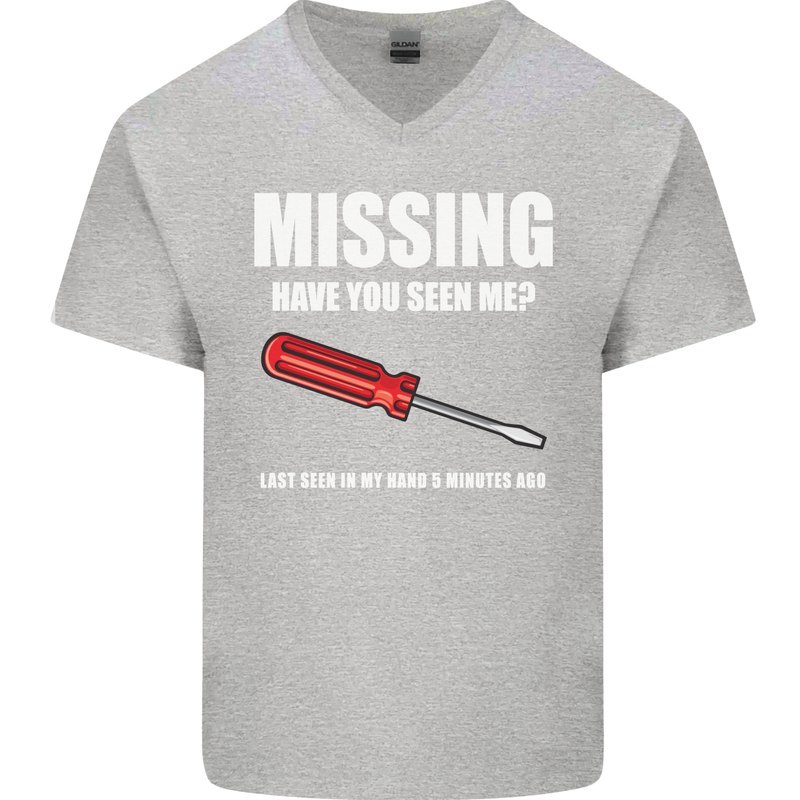 Missing Screwdriver Funny Carpenter DIY Mens V-Neck Cotton T-Shirt Sports Grey