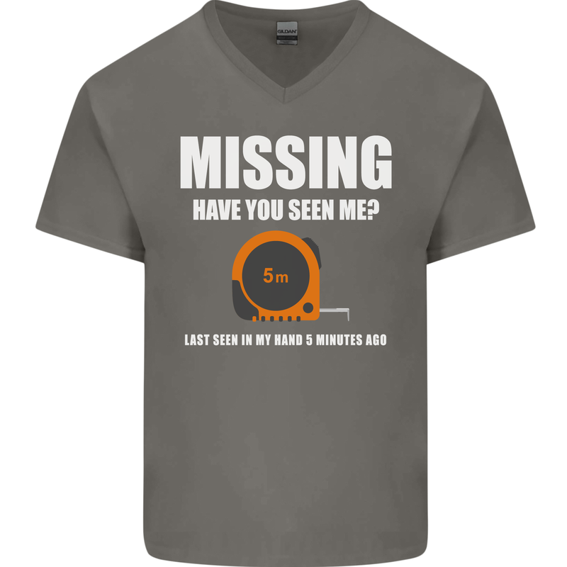 Missing Tape Measure Funny Carpenter DIY Mens V-Neck Cotton T-Shirt Charcoal