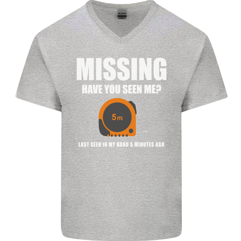 Missing Tape Measure Funny Carpenter DIY Mens V-Neck Cotton T-Shirt Sports Grey