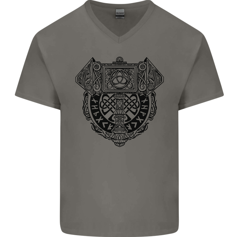 Mjolnir Thor Viking Hammer Mens V-Neck Cotton T-Shirt Charcoal
