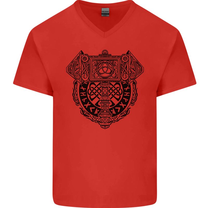 Mjolnir Thor Viking Hammer Mens V-Neck Cotton T-Shirt Red