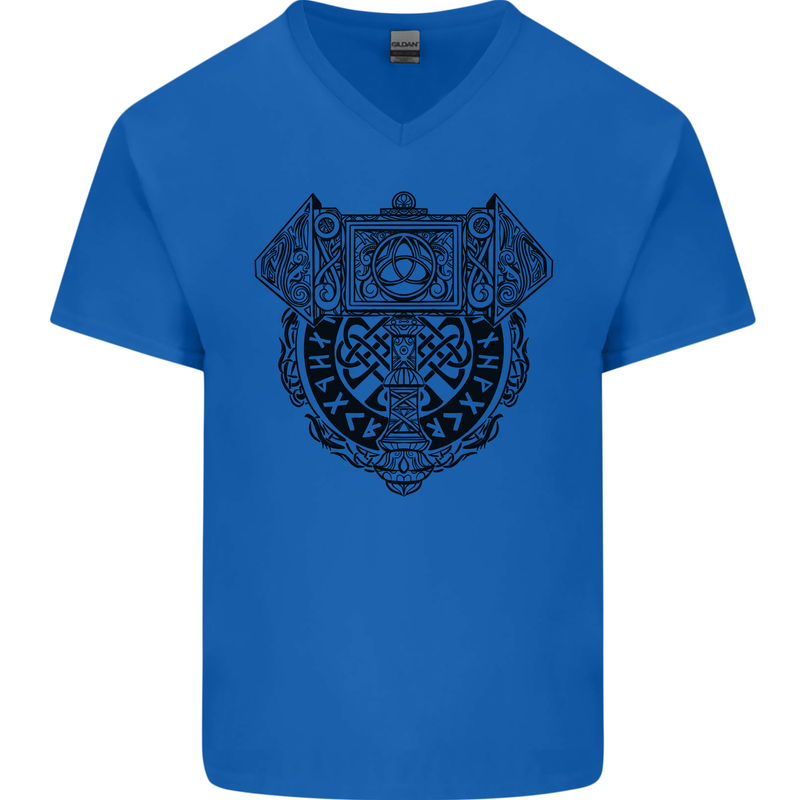 Mjolnir Thor Viking Hammer Mens V-Neck Cotton T-Shirt Royal Blue