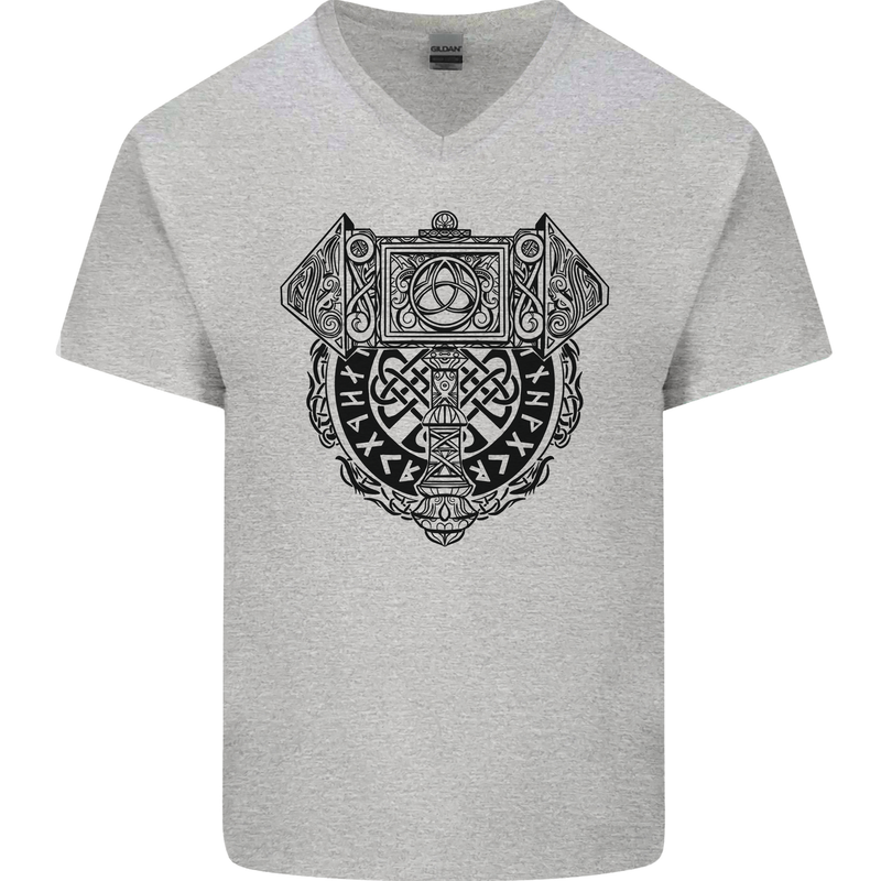 Mjolnir Thor Viking Hammer Mens V-Neck Cotton T-Shirt Sports Grey