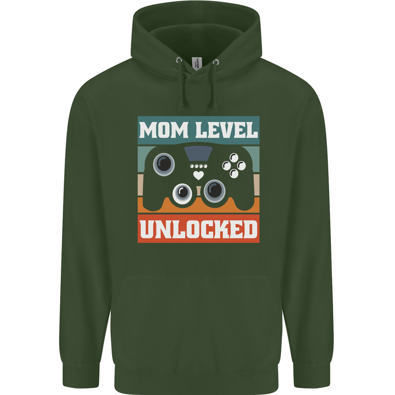 Mom Level Unlocked New Mommy Baby Born Childrens Kids Hoodie Forest Green