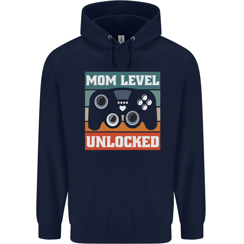 Mom Level Unlocked New Mommy Baby Born Childrens Kids Hoodie Navy Blue