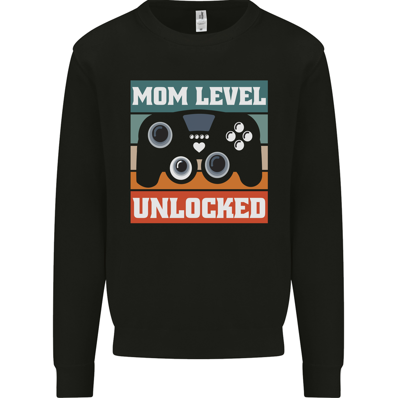 Mom Level Unlocked New Mommy Baby Born Kids Sweatshirt Jumper Black